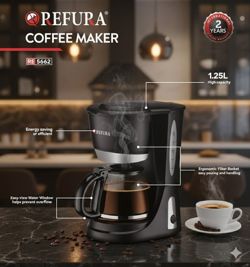 Drip Coffee Maker | 1.25L Large Capacity | Glass Carafe with Anti-Drip & Keep Warm Function | RE-5662
